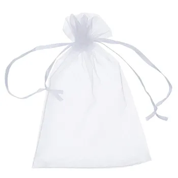 100 броя бяла органза шнур чанта бижута подарък опаковка чанта прежда чанта Коледни / сватбени подаръци 7x9cm