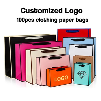 100Pcs персонализирано лого подарък хартия опаковка чанта занаятчийски опаковки персонализация бизнес пазаруване дрехи пакет сватбен подарък чанта