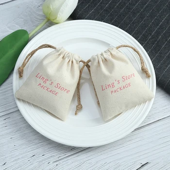 100pcs природа платно шнур подарък чанти персонализирани лого печат памук зебло бижута торбички обичай шик сватба полза чанта