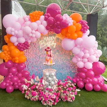 136Pcs горещо розово оранжево злато металик пастел розов латекс балони венец арка комплект за бебе душ сватбено тържество декорация