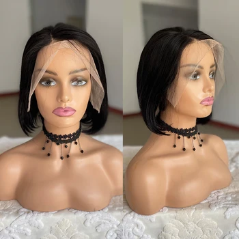 13x4 къси боб дантела фронт човешка коса перуки за черни жени предварително оскубани бразилски направо пълен фронтален прозрачен кратко боб перуки