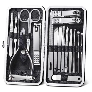 19pcs Професионални многофункционални комплекти за подстригване на нокти от неръждаема стомана Преносим комплект за педикюр за маникюр с PU чанта
