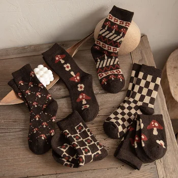 1pair зимни дебели чорапи цвете/квадратен печат чорап за жена