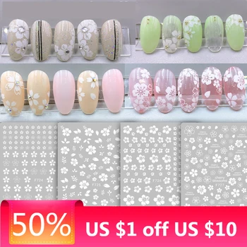 1Pcs 3D бели прозрачни черешови цветове серия дизайн самозалепващи нокти изкуство декорации стикер цветя пеперуда нокти ваденки