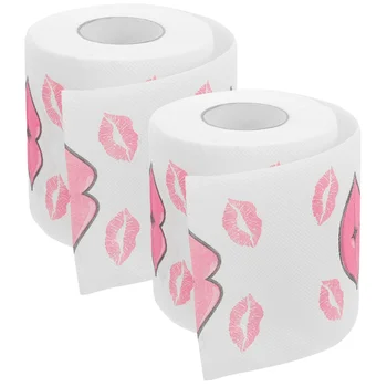 2 Ролки за забавление Червена тоалетна хартия за устни Деликатен модел Тоалетна хартия Червен печат на устни Тъканна ролка декор