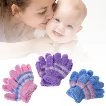 2 чифт бебешки ръкавици топла зима пълен пръст термичен корал руно деца момчета момичета ивица ръкавици
