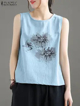 2023 ZANZEA жени без ръкави памук Cami върховете случайни реколта флорални печатни блуза летни резервоари върховете плажна риза Chemise Mujer