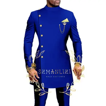 2023 Африкански кралски сини костюми за мъже Slim Fit Абитуриентско парти Сватба Groomsmen младоженец костюм смокинг 2бр костюм Homme блейзър панталони