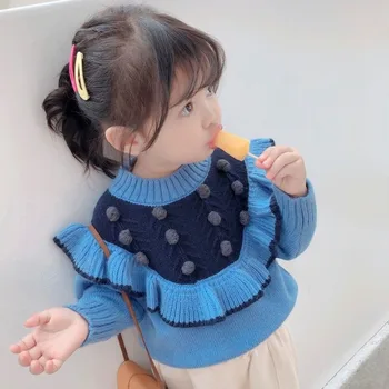 2023 Зимни бебешки момичета плетен пуловер сладък пуловер Flounce топка пуловер малко дете момиче корейски пуловер пуловер Blue Коледа пуловер