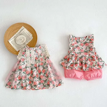 2023 Лято бебе момиче цвете дрехи къдри ръкав флорални върхове + шорти панталон дъното дантела тюл рокля екипировки принцеса Sunsuit