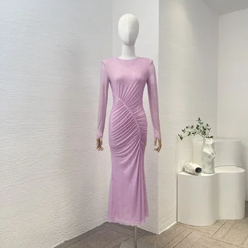 2023 Нова мода дамски дрехи розов shirring плисета дълъг ръкав диаманти Bodycon русалка Midi рокля за парти
