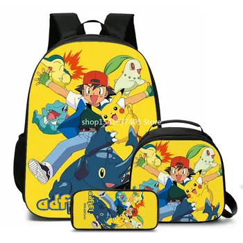 2023 Нови 3бр Pokemon Pikachu раница молив случай колеж модерен дама лаптоп ученическа чанта пътуване студент чанта дете SchoolBags