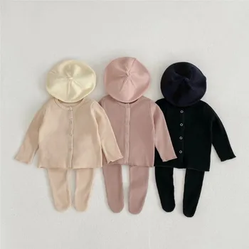 2023 Пролет бебе момичета 2PCS дрехи комплект дълъг ръкав оребрени жилетка палто твърди памук мек чорапогащник костюм бебета момичета екипировки