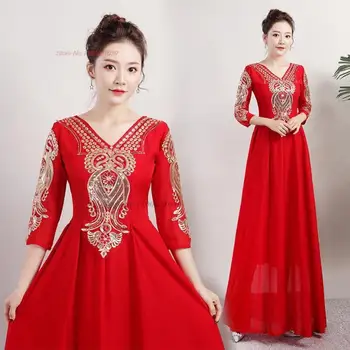2024 китайски реколта ханфу рокля цвете пайети v-образно деколте костюм хор изпълнение рокля ориенталски банкет вечерна рокля vestido