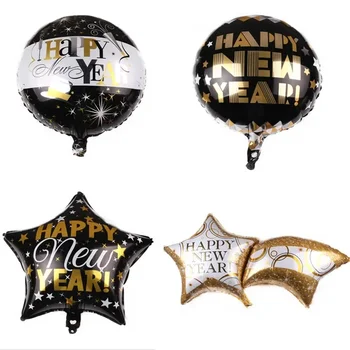 2024 Новогодишни балони Черно злато звезди кръг алуминиево фолио балон Нова година декор за дома Честит 2024 Нова година парти балони