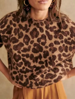 2024 Пролет нов дамски пуловер пухкав леопард печат случайни O-образно деколте дълъг ръкав пуловер