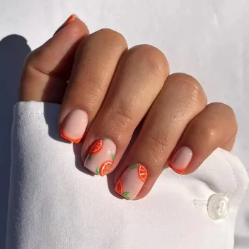 24pcs Сладък оранжев лято фалшиви нокти с къси квадратни съвети дизайни пълно покритие френски корейски дизайни фалшиви нокти натиснете върху ноктите