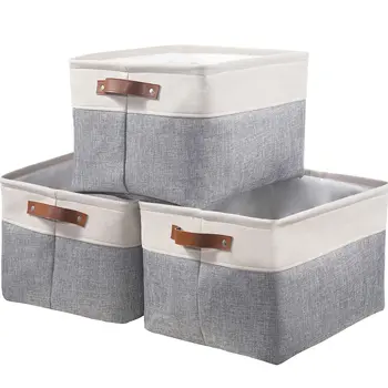 3 пакет големи кошници за съхранение на плат за рафт, сгъваеми тъкани правоъгълни кошчета за съхранение на килера с кожени дръжки