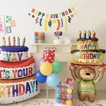 3-слойни големи балони за торта Честит рожден ден карикатура мечка торта фолио балони за деца рожден ден декорация подпори балон играчки