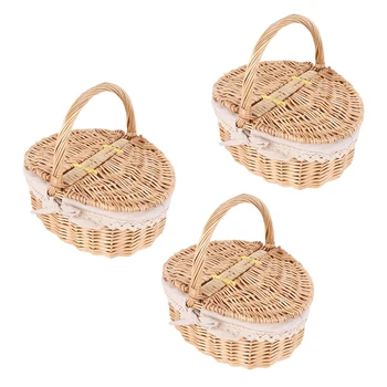 3X ръчно изработена плетена кошница с дръжка кошница за пикник с двойни капаци за съхранение затруднява кошницата с плат подплата