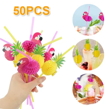 50pcs хартия за пиене слама 3D плодове ананас фламинго дизайн шарени хартиени сламки рожден ден декорация сватбени консумативи