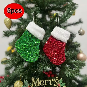 5Pcs коледно дърво украса пайети висящи чорапи Коледа подарък чанта камина декор за дома Коледни орнаменти безплатна доставка