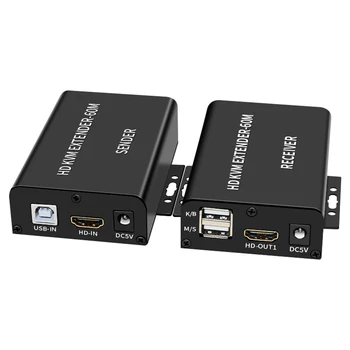 60M видео адаптер за разширение HDMI-съвместим KVM USB-A клавиатура мишка алуминиева сплав RJ45 Lan Ethernet разширител TX RX