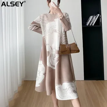 ALSEY Miyake плисирана елегантна рокля за жени лятна нова мода печат кръг врата плюс размер случайни A-линия луксозни вечерни рокли