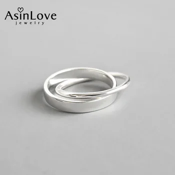 AsinLove Прост двоен пръстен кръст заключване пръстен истински 925 стерлинги сребро творчески ръчно изработени фини бижута пръстени за жени подарък