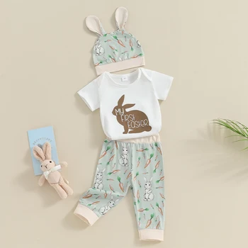 Baby Boy Великденски тоалети къс ръкав зайче графичен гащеризон панталони шапка комплект бебешки дрехи