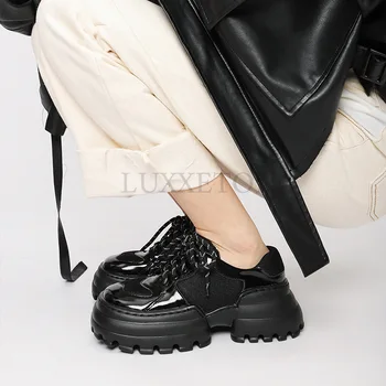 Flats Жените лачена кожа платформа обувки мода квадрат пръсти дебели подметки британски стил женски обувки дантела нагоре дамски обувки