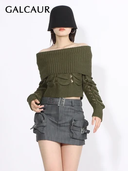 GALCAUR минималистичен тънък плетене пуловер за жени наклонена черта врата дълъг ръкав рамото твърди кухи пуловер пуловери женски