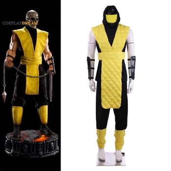 Game Mortal Kombat Скорпион костюми Cosplay Жълт битка Combat Outfit Пълен костюм Хелоуин карнавал