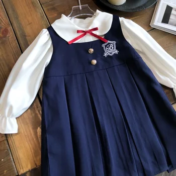 Girls Fall 2023 Нов колеж стил костюм рокля деца JK униформа две части кукла яка риза детска рокля бяла риза синя жилетка