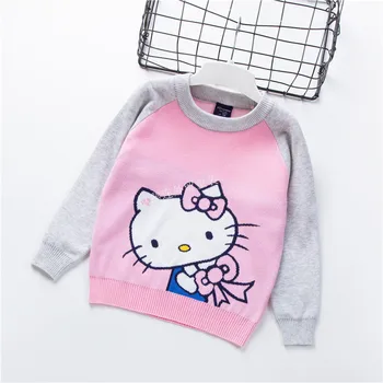 Hello Kitty Нова детска мода кръг врата пуловер пуловер момиче двойно памук сладък конец пуловер трикотажни дъно риза