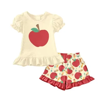 Hot продажба момичета дрехи училище ябълка риза шорти комплект бебе детски дрехи къдри обратно в училище облекло