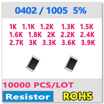 JASNPROSMA 0402 J 5% 10000pcs 1K 1.1K 1.2K 1.3K 1.5K 1.6K 1.8K 2K 2.2K 2.4K 2.7K 3K 3.3K 3.6K 3.9Ksmd 1005 1K1 1K2 OHM резистор