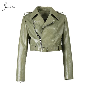 Jxwatcher Дамско яке от естествена кожа Дамско палто от естествена кожа с колан Пролет Есенна мода Якета с пълни ръкави