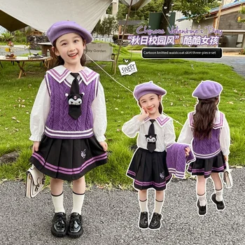 Kawaii аниме Sanrioed Kuromi момиче Jk три парче жилетка риза пола сладък пролет есен мода костюм колеж стил детски дрехи Ново