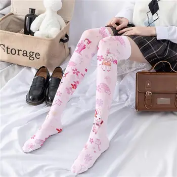Korean Streetwear Cherry Blossom Stockings Cotton Stockings Women's JK Lolita Rabbit Fur Knee High Socks