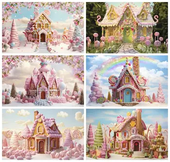 Laeacco Sweet Candyland Фон Близалка Rainbow Candycane Село Castle Kids Бебе Рожден ден Портрет Фотография Фон