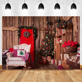 Laeacco Коледа снимка фон дървена къща венец дърво подарък бебе портрет фотографски фото фон за фото студио
