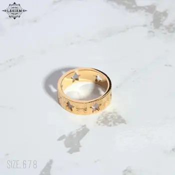 LESIEM Висококачествен позлатен размер 6 7 8 Дамски пръстени кухи петолъчни звезда модел пръстен Бижута на врата направи си сам