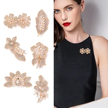 Light Luxury Full Diamond Pearl Flower Plant Leaves Brooch Fashion Collar Pins For Women Party Jewelry Shining Suit Accessories