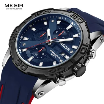 MEGIR Мъжка мода Спортни кварцови часовници Силиконова каишка Хронограф Аналогов ръчен часовник за мъж Военен ежедневен часовник 2055BE-2
