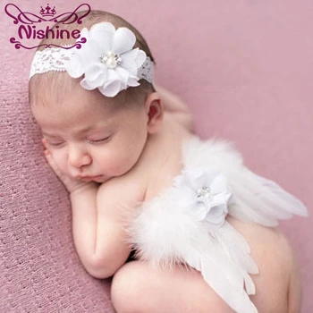 Nishine новородено ангел перо крило с шифон цвете дантела лента за глава деца деца фотография подпори рожден ден подаръци аксесоари