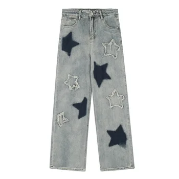 Star Patches Hi Street Jeans Pants Men Harakuju Hip Hop Streetwear Denim Trousers Patchwork