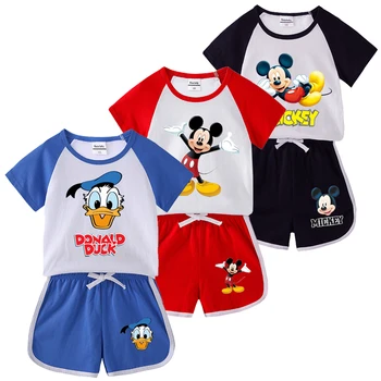 Summer Kids Cartoon Sport Clothing Suit Disney Donald Duck Mickey Clothes Sets for Boys 100% Cotton Baby Girl Minnie Clothes