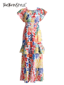 TWOTWINSTYLE хит цветен печат рокли за жени наклонена черта врата къс ръкав висока талия пачуърк подреждане рокля женска мода 2023