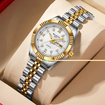 Wallace Premium Steel Gold Двойка Бизнес мъжки часовник, Дамски водоустойчив NoN механичен часовник подарък